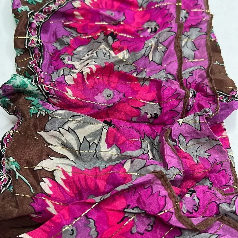Oscar De la Renta brown and purple silk scarf with metallic details